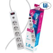 Удлинитель с сетевым фильтром 5х1.8м с заземл. 10А IP20 2.2кВт 2хUSB 3х0.75 с предохранителем КОСМОС FKsm1.8m-5g(W)USB